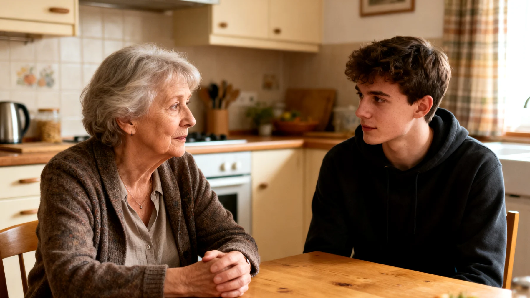 Die Großmutter hat Schwierigkeiten, ihrem erwachsenen Enkel dabei zu helfen, eine bedeutende Lebensveränderung zu bewältigen – sei es ein Umzug, ein Studienabschluss oder der Eintritt ins Berufsleben. Der junge Erwachsene zeigt Anzeichen von Widerstand, Angst und emotionaler Instabilität angesichts dieser Veränderungen, während die Großmutter sich überfordert fühlt, da ihre traditionellen Ratschläge und Erfahrungen nicht mehr ausreichend zu sein scheinen, um die Unsicherheiten der modernen Welt zu adressieren."
