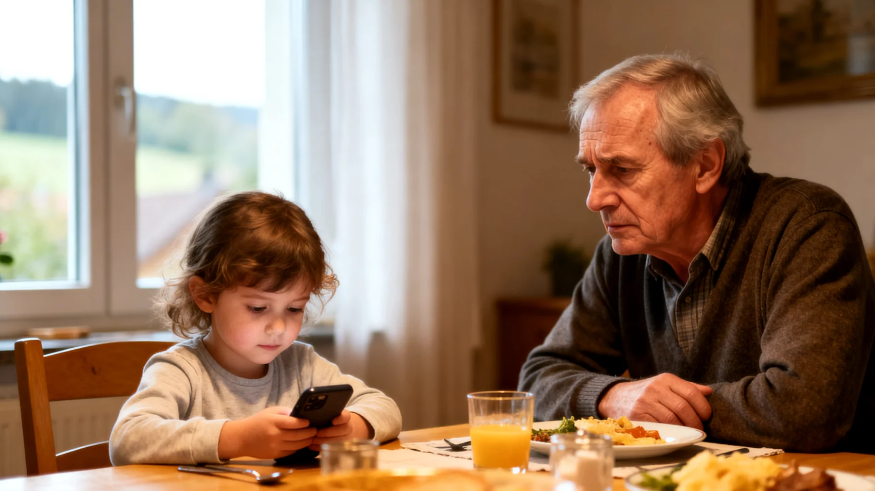 Der Großvater bemerkt, dass sein Enkelkind (Kind) täglich stundenlang mit Smartphone, Tablet oder Videospielen beschäftigt ist und dabei kaum noch Interesse an gemeinsamen Aktivitäten, Bewegung im Freien oder familiären Gesprächen zeigt. Er fühlt sich hilflos und weiß nicht, wie er angemessen eingreifen soll, ohne das Kind zu verletzen oder einen Konflikt auszulösen."