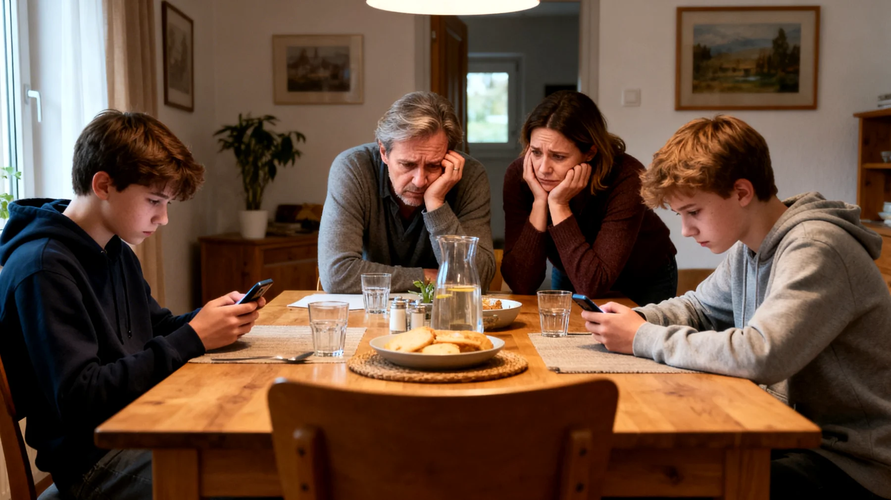 Die Eltern haben aufgrund von Arbeit, Alltagsstress und unterschiedlichen Verpflichtungen kaum gemeinsame Zeit mit ihren jugendlichen Kindern. Die wenigen Momente, die sie miteinander verbringen, fühlen sich oberflächlich und bedeutungslos an. Die Jugendlichen ziehen sich zurück und suchen Verbindung bei Gleichaltrigen, während die Eltern das Gefühl haben, ihre Kinder in einer entscheidenden Lebensphase nicht wirklich zu begleiten."