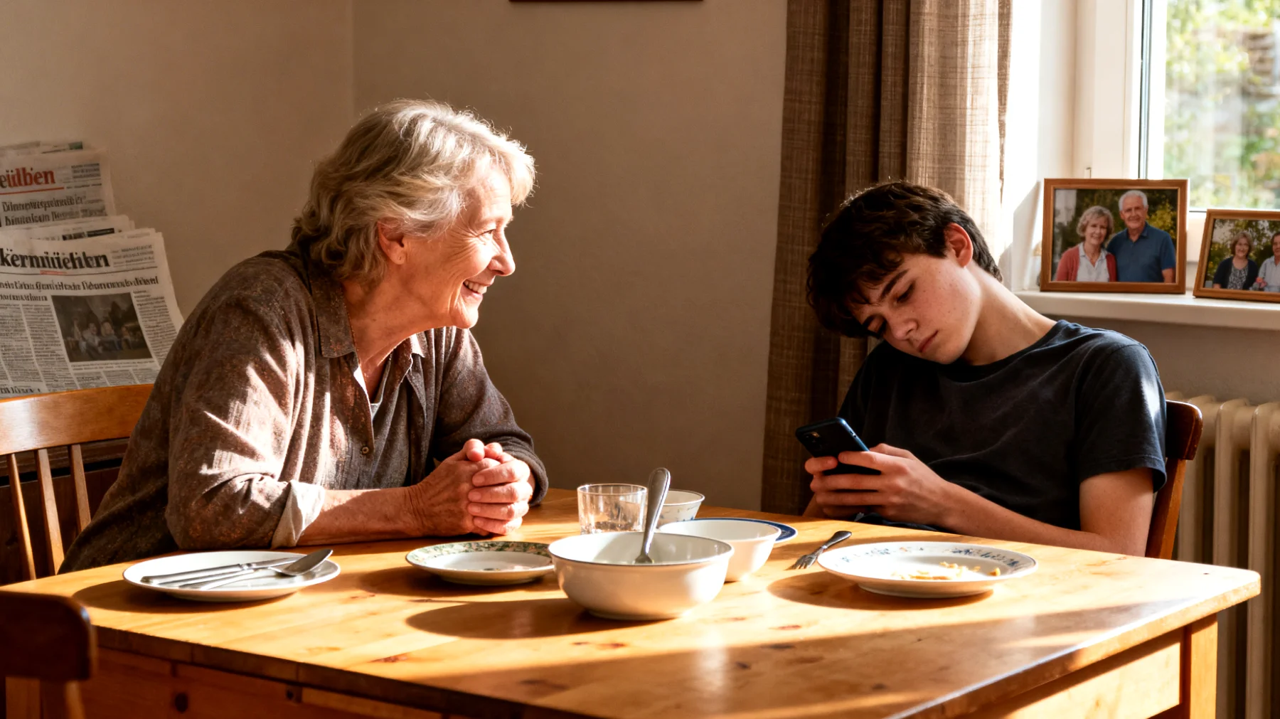 Die Großmutter fühlt sich emotional von ihren erwachsenen Enkeln distanziert und leidet darunter, dass trotz physischer Nähe kein echtes, tiefes Gespräch mehr stattfindet. Sie versucht, Gefühle anzusprechen, erhält jedoch oberflächliche oder ausweichende Antworten und weiß nicht, wie sie eine echte emotionale Verbindung wiederherstellen kann."