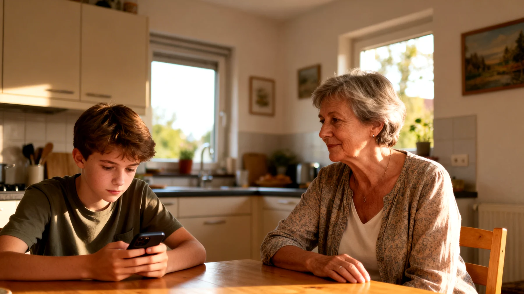 Die Großmutter hat Schwierigkeiten, eine offene und verständnisvolle Kommunikation mit ihren Teenagern aufzubauen. Sie merkt, dass ihre Enkel sich immer mehr verschließen, einsilbige Antworten geben und Gespräche vermeiden. Die generationellen Unterschiede in Sprache, Werten und Ausdrucksweise erschweren den echten Dialog, und die Großmutter fühlt sich zunehmend ausgeschlossen aus der Welt ihrer Enkelkinder."