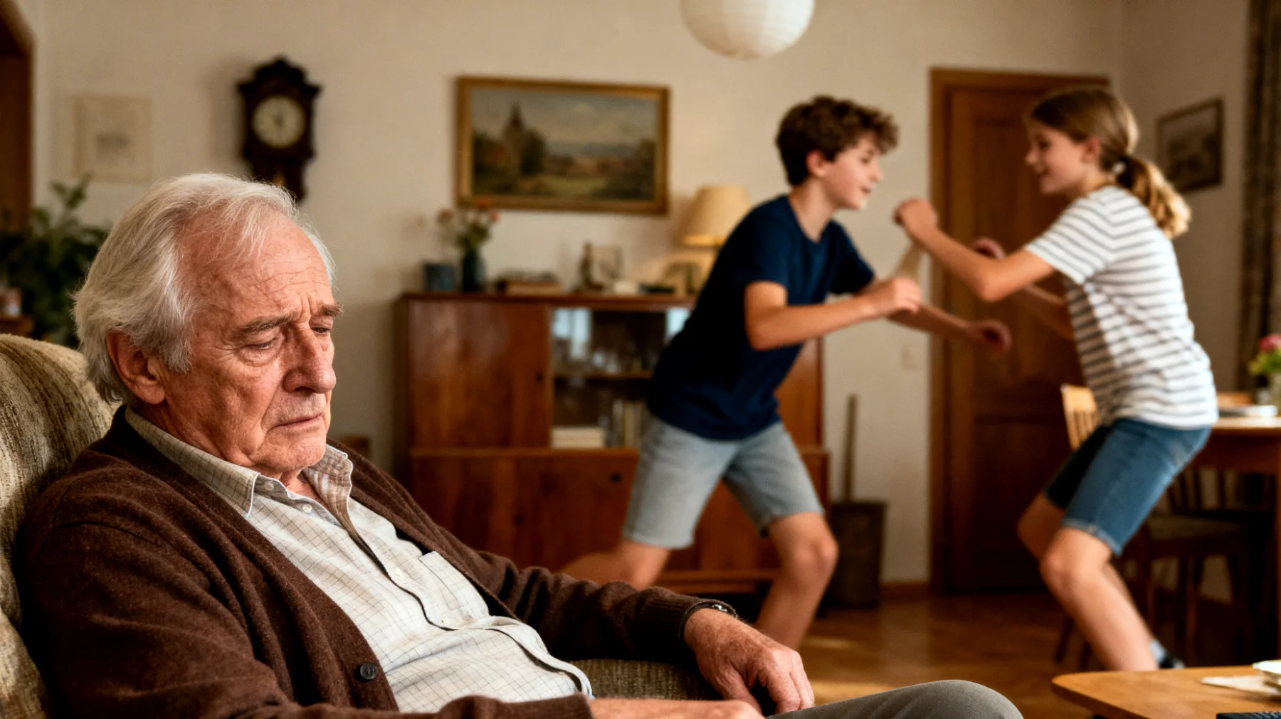 Der Großvater fühlt sich körperlich erschöpft und zeitlich überfordert, da er regelmäßig die Betreuung seiner jugendlichen Enkelkinder übernimmt. Er hat das Gefühl, nicht mehr die nötige Energie aufbringen zu können, um mit ihren Bedürfnissen und ihrem Lebenstempo Schritt zu halten, was zu zunehmendem Rückzug und innerer Anspannung führt."