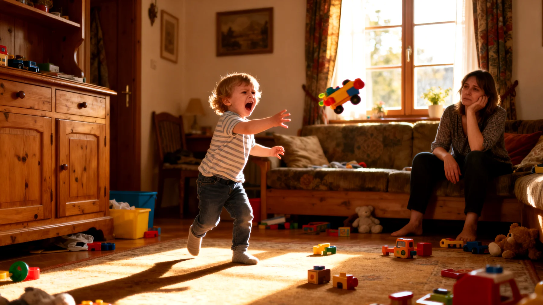 Die Mutter erlebt zunehmend explosive Wutausbrüche, körperliche Aggressionen und hartnäckige Verweigerungshaltung ihres kleinen Kindes, das bei jeder Grenze oder Regel sofort in heftigen Widerstand verfällt, laut schreit, Gegenstände wirft und sich kategorisch weigert, Anweisungen zu befolgen – was die Mutter emotional erschöpft, verunsichert und das tägliche Familienleben stark belastet."