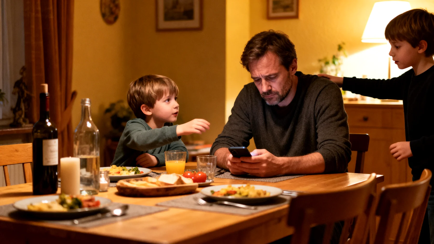 Der Vater verbringt aufgrund von Arbeit und Alltagsstress kaum bedeutungsvolle Zeit mit seinen kleinen Kindern. Die wenigen gemeinsamen Momente sind oft abgelenkt oder oberflächlich, was dazu führt, dass sich die Kinder emotional vernachlässigt fühlen und die Vater-Kind-Bindung zunehmend geschwächt wird."