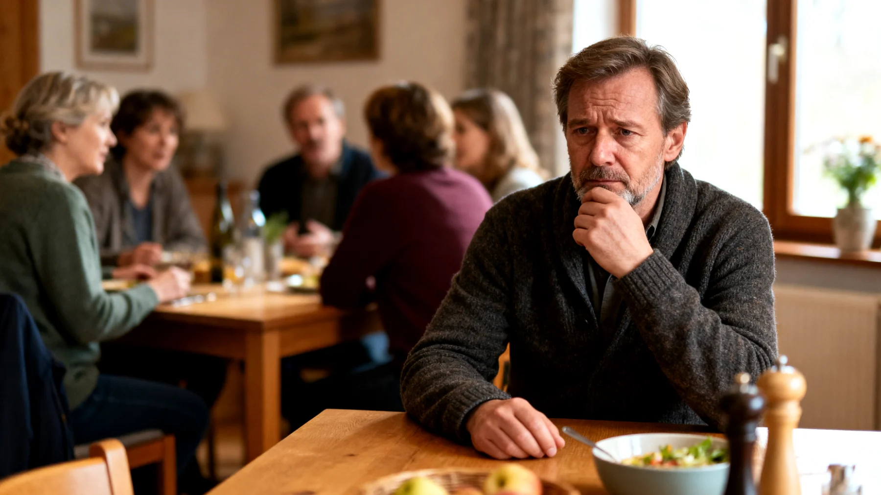 Der Vater eines jungen Erwachsenen gerät zunehmend in Konflikte mit der erweiterten Familie – insbesondere mit Schwiegereltern, Geschwistern oder anderen Verwandten – über Erziehungsentscheidungen, Lebensstil und persönliche Werte seines Kindes. Die unterschiedlichen Erwartungen und Einmischungen von außen belasten nicht nur die Vater-Kind-Beziehung, sondern erzeugen auch ein Gefühl der Hilflosigkeit und des Verlusts der elterlichen Autorität beim Vater."